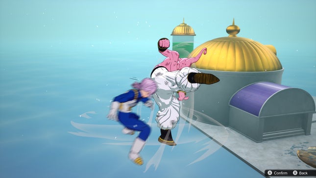 Trunks becomes a blur as he dodges Super Buu's attacks.